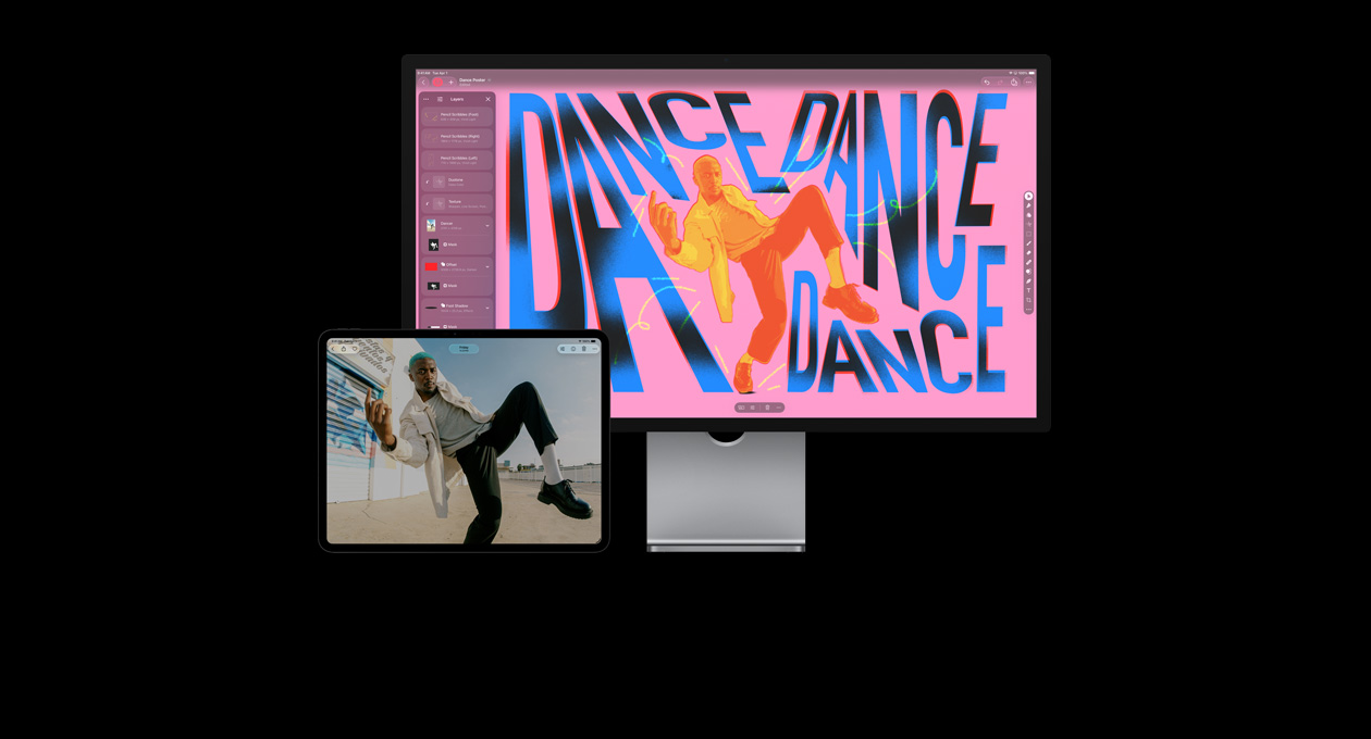 춤추는 남성의 사진이 보이는 iPad Pro 13 화면. 색상과 글자를 더해 보정한 동일한 사진이 보이는 iMac 화면