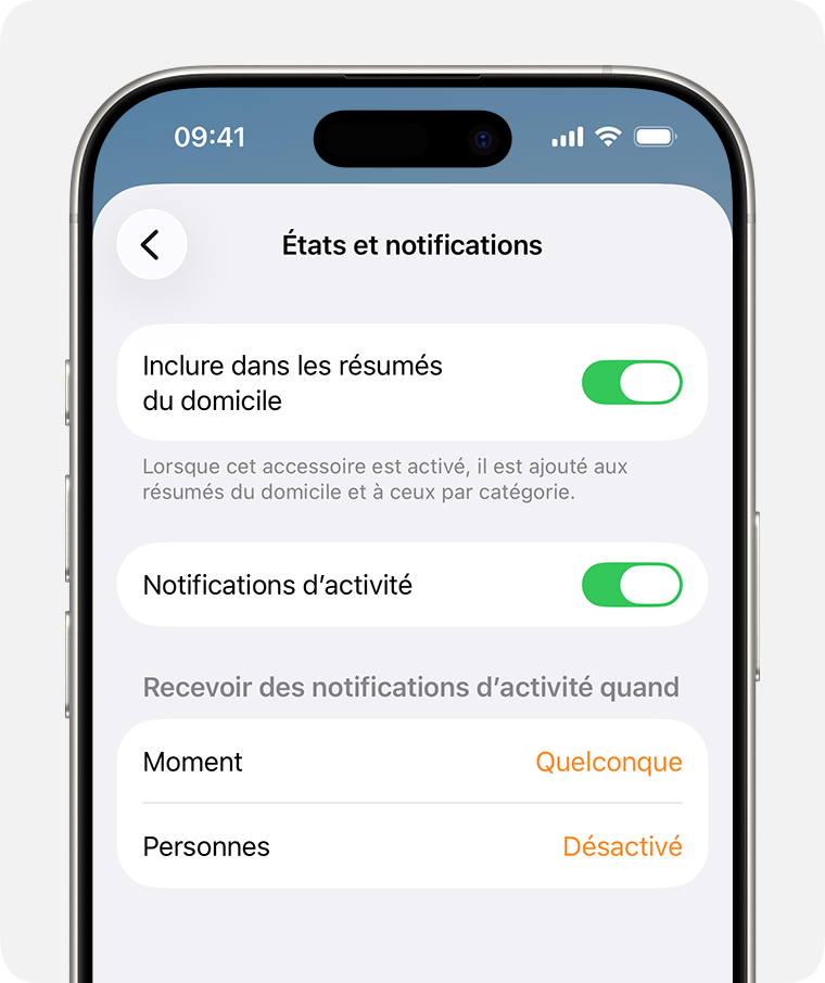 L’option Inclure dans les résumés du domicile est activé en haut de l’écran États et notifications.