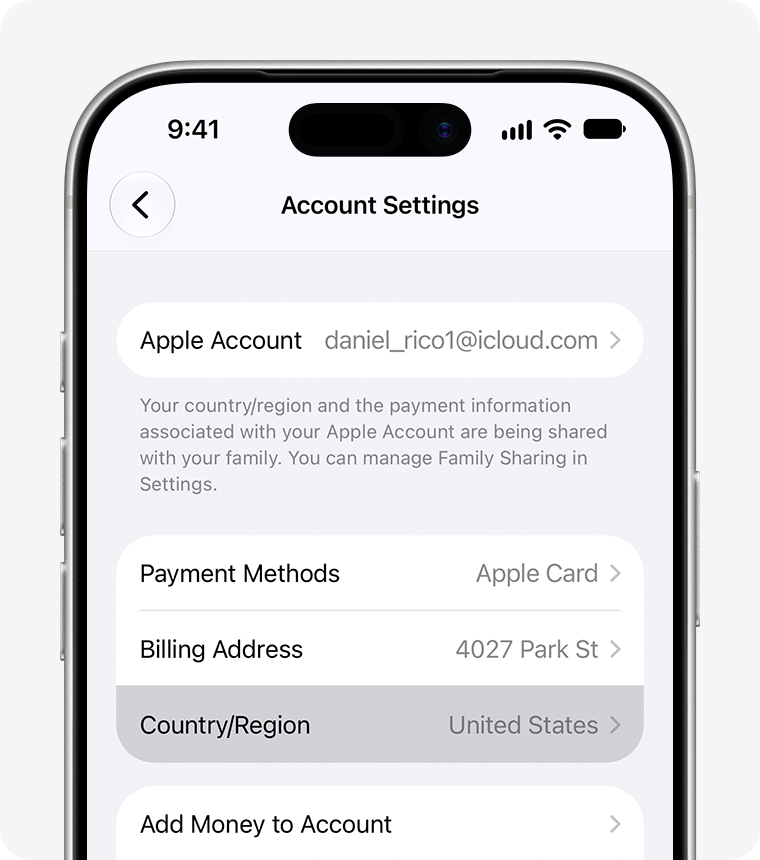 iPhone showing Country/Region in Account Settings.