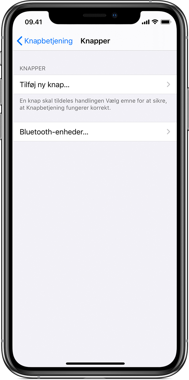 iPhone-skærm, der viser indstillingerne for “Kontakter” i Knapbetjening, hvor du kan tilføje nye kontakter.