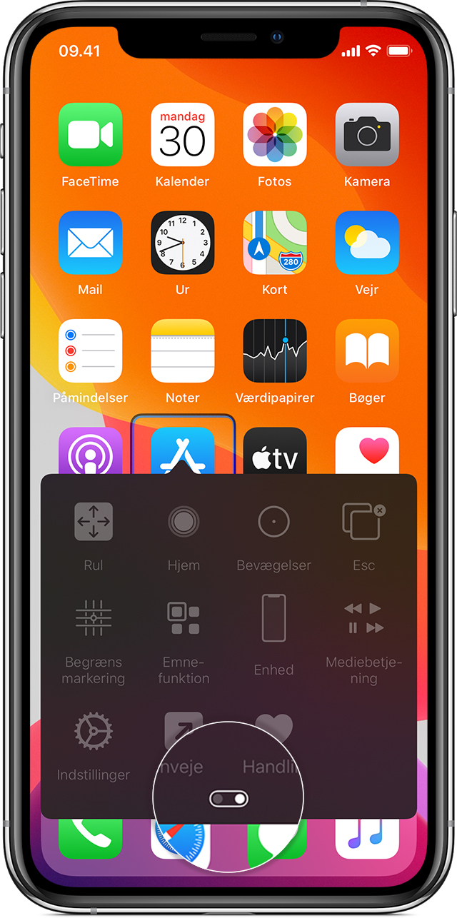 iPhone-skærm, der viser menuen for Knapbetjening med tilpasningsmuligheder.