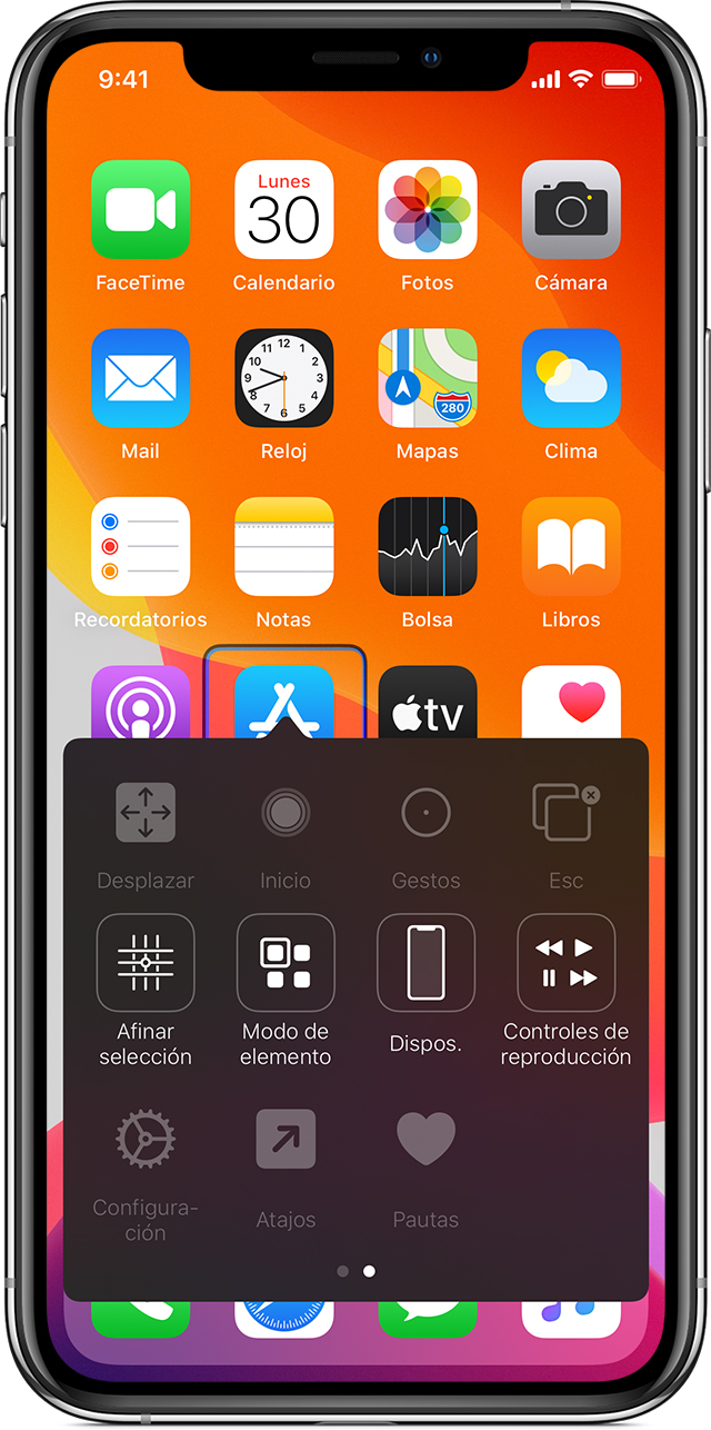 Pantalla de iPhone en la que se muestra el menú Control por botón, que se usa para navegar por la pantalla.