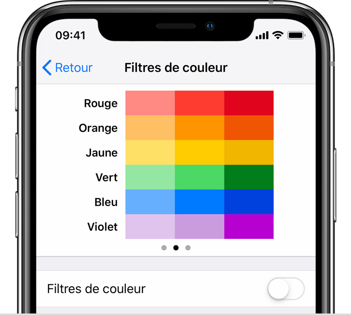 Capture d’écran d’un iPhone illustrant les options des filtres de couleur dans les réglages d’accessibilité