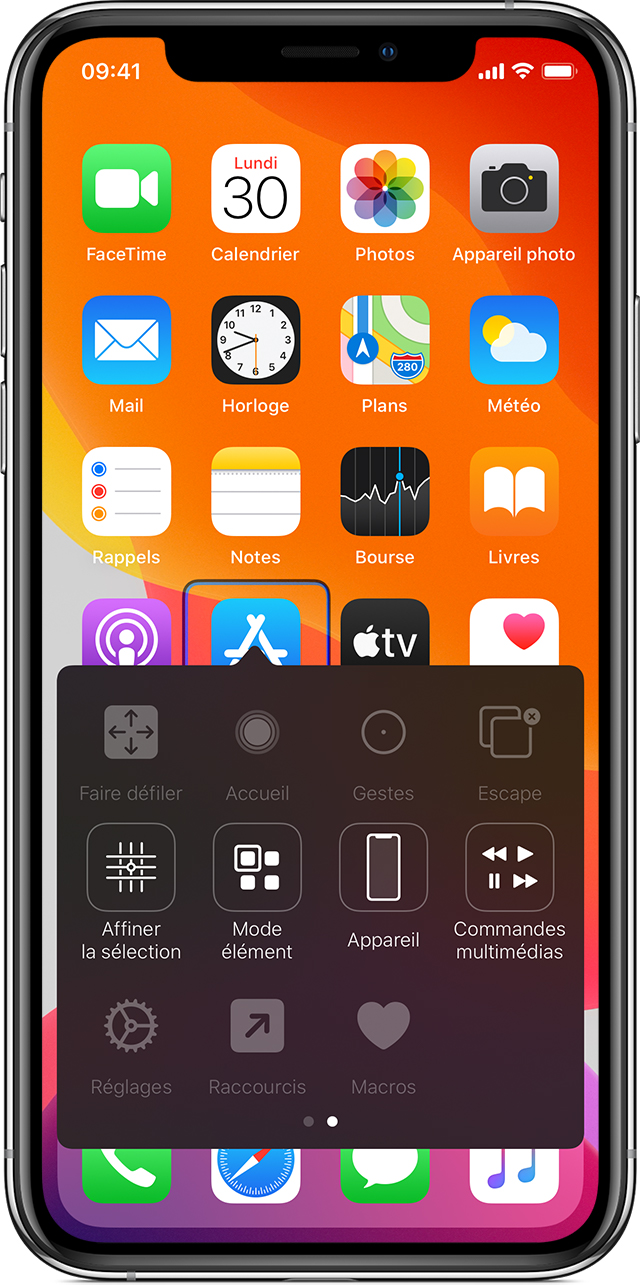Écran d’un iPhone montrant le menu Contrôle de sélection utilisé pour la navigation à l’écran.