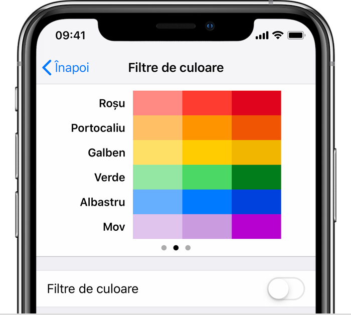 Captură de ecran de pe iPhone care afișează opțiunile pentru filtre de culoare din configurările de accesibilitate.