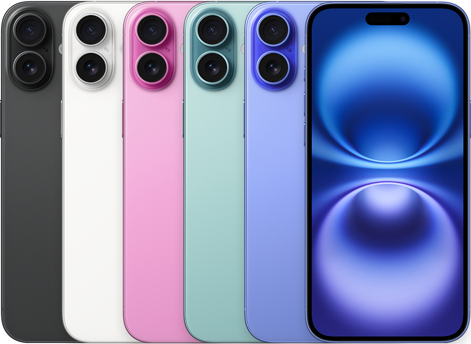 الجهة الخلفية لعدة أجهزة iPhone جنبًا إلى جنب بجميع الألوان المتوفرة، تليها الجهة الأمامية لأحد الأجهزة.