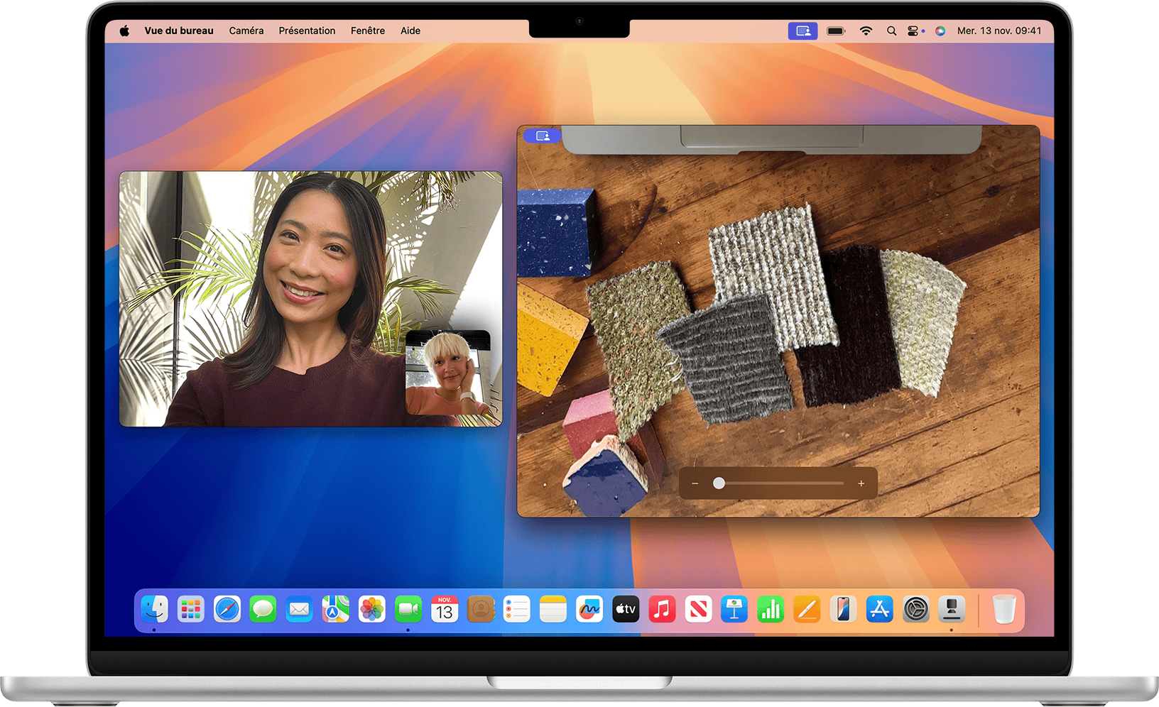Vue du présentateur dans FaceTime pour Mac après le partage de la fenêtre Vue du bureau.