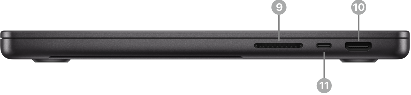 الجانب الأيمن من MacBook Pro يظهر فيه فتحة بطاقة SDXC ومنفذ ثندربولت (USB-C) ومنفذ HDMI.