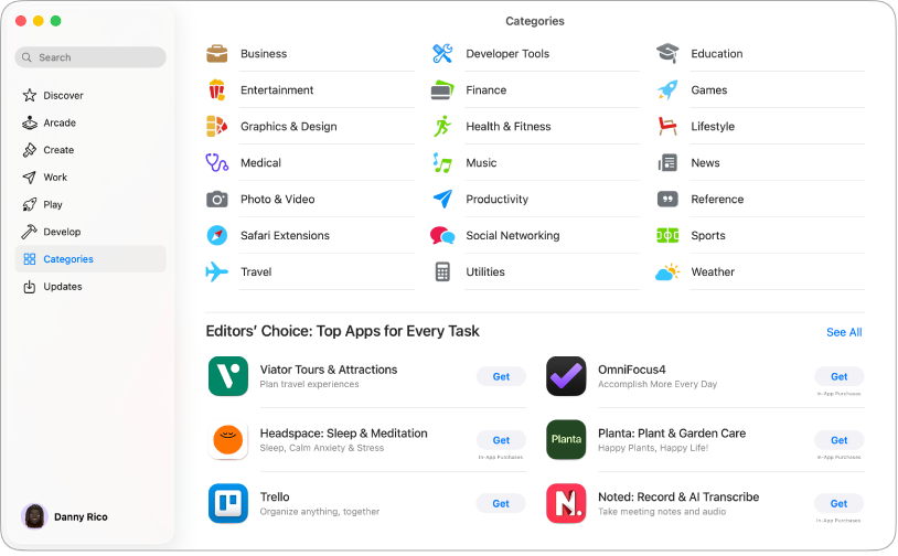 Das App Store-Fenster mit dem Suchfeld und App-Kategorien.