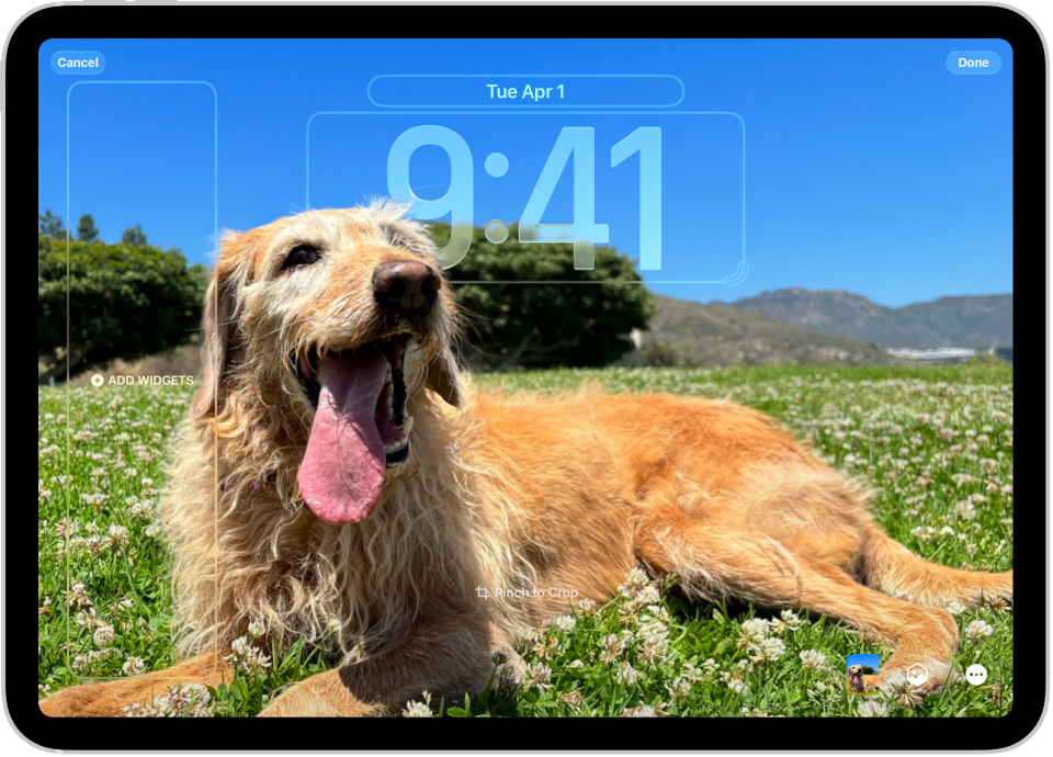 Una pantalla con opciones de personalización de la pantalla de bloqueo del iPad y una foto de la Tierra. A la izquierda están los widgets de Reloj, Calendario y Tiempo. A la derecha están las opciones de tipo de fuente y color del reloj.