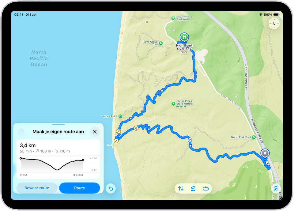 Een aangepaste route in Kaarten met de afstand, het hoogteprofiel, de geschatte tijdsduur en opties om de route te bewaren of een routebeschrijving naar het beginpunt op te vragen.