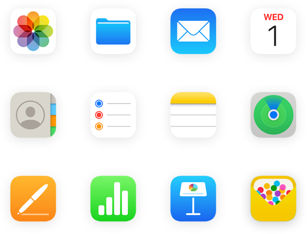 Mřížka ikon aplikací včetně Fotek, iCloud Drivu, Mailu a dalších.