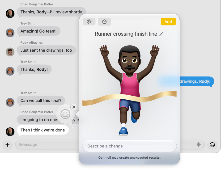 The Messages app on Mac showing a Genmoji being created to use in a conversation.