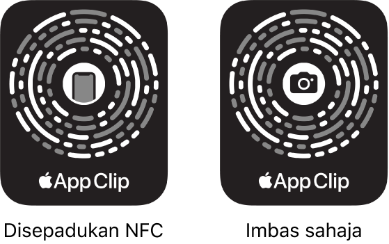 Di bahagian kiri, Kod Klip App diintegrasi NFC dengan ikon iPhone di tengah. Di bahagian kanan, Kod Klip App imbasan sahaja dengan ikon kamera di tengah.