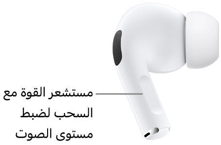 موقع مستشعر القوة مع السحب لضبط مستوى الصوت على AirPods&nbsp;Pro&nbsp;2، على ساق كلٍّ من سماعتي AirPods.