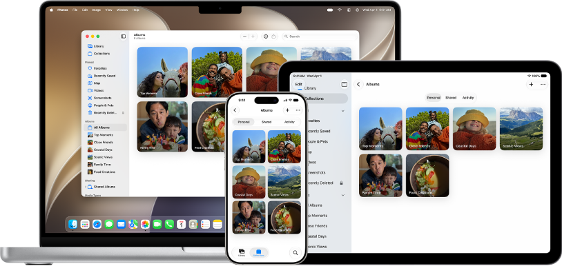 Ein iPhone, ein MacBook und ein iPad, die alle Rückblicke aus derselben Fotomediathek anzeigen.