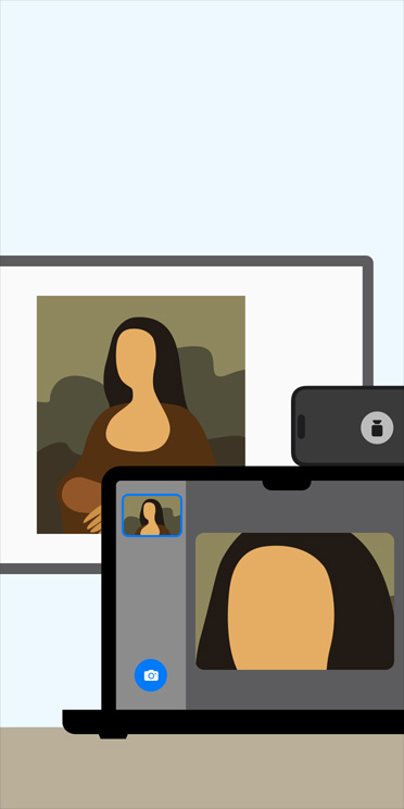 Ilustrasi animasi aplikasi Pembesar di layar MacBook yang memperbesar gambar Mona Lisa yang ditampilkan di papan tulis kelas