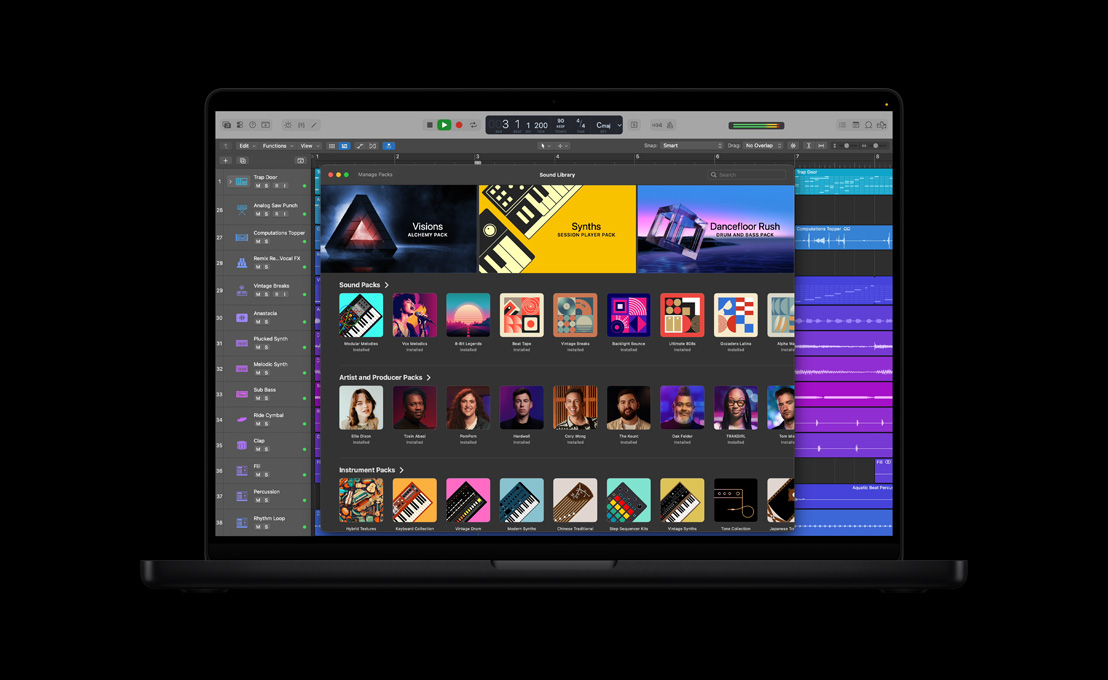 16 inç MacBook Pro ekranında Ses Arşivi, ses paketleri, sanatçı ve yapımcı paketleri, enstrüman paketleri gösteriliyor